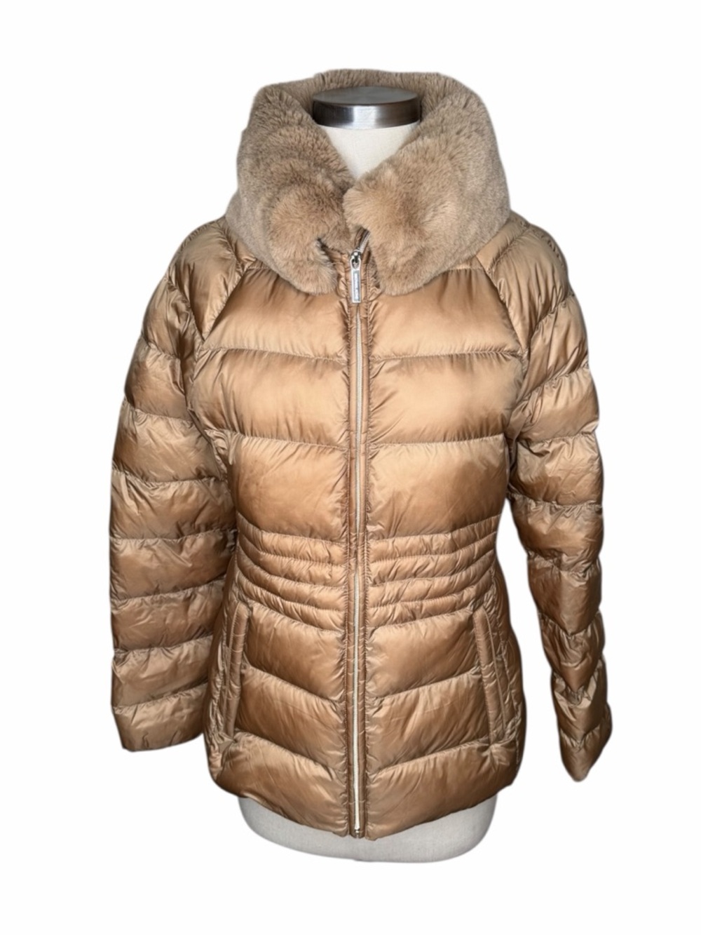 MICHAEL Michael Kors Tan Quilted Puffer Jacket with Faux Fur Collar Women's S‎